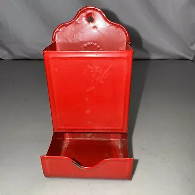 Vintage Tin Match Holder Dispenser  Toothpick Red Metal Wall Mount • $9.73