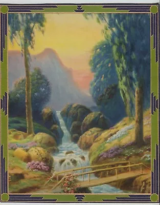 1934 Colorful Print Mountain Waterfall & Foot Bridge Print Art Deco Border • $27.99