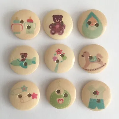 Wooden Buttons 18mm Baby Theme Rocking Horse Teddy Bib Rattle Mixed Packs 25 50 • £3.75