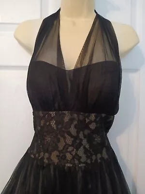 Betsey & Adam Dress VTG 80s Does 50s Black Halter Chiffon Lace MARILYN PROM  8 • $59.99