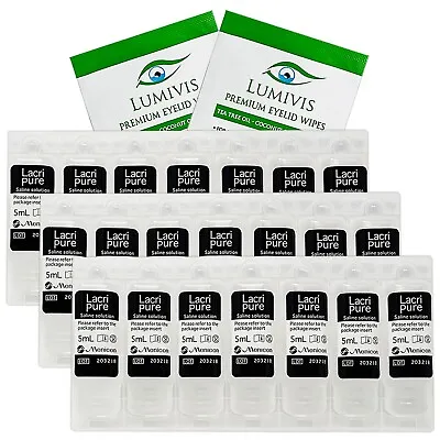 Menicon LacriPure Saline Solution 21 Vials Bundle With Tea Tree Oil Eyelid Wipes • $37.60