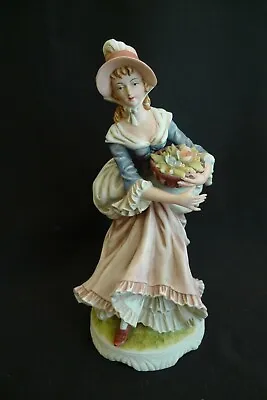 Vintage Lefton Bisque H/p Porcelain Figurine Lady W/ Flower Basket Elaine Japan  • $35