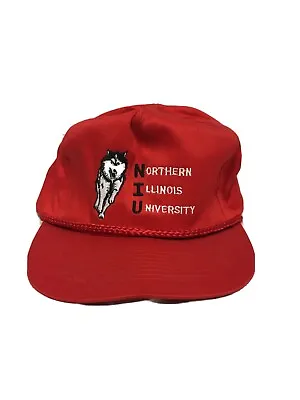 Vintage 80s NORTHERN ILLINOIS UNIVERSITY HUSKIES NIU STRAP CAP HAT Red San Sun • $39.99