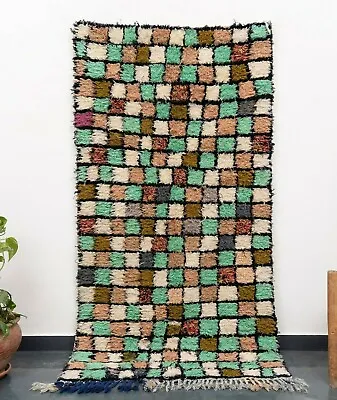 3x6 Handmade Moroccan Cotton Green Area Rug Soft Rag Rug  Vintage Rag Rug • $203.15