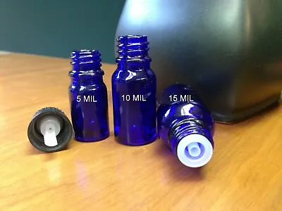 Blue Glass Bottles With Euro Droppers And Black Caps 5 MIL 10 MIL 15 MIL SIZES • $1