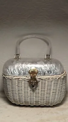 1950s Mid Century Wicker Purse Pearl Lucite Top Clasp Vintage Handbag Read • $49.98