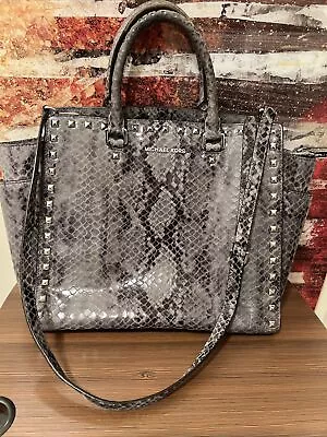 Michael Kors Selma Stud Gray Python Embossed Large Leather Shoulder Bag Satchel • $100