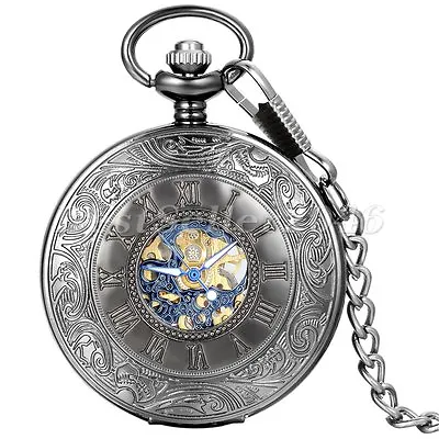 Vintage Men Skeleton Hand-Winding Mechanical Pocket Watch Chain Black Tone Case • $18.99