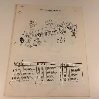 $24.99 • Buy 1972 Wright Model 136 Chain Saw Parts List D155612