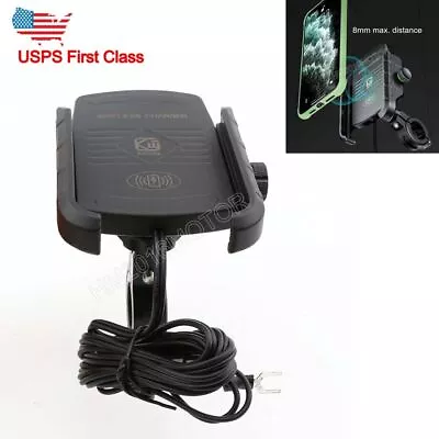 Black Motorcycle Cell Phone Mount Holder Wireless USB Charger 15W Fast Charging • $27.30