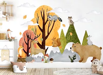 Forest Autumn Animals Bear Deer Squirrel Mountain Wall Sticker For Baby Room • $30.84