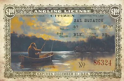 Vintage Sasquatch Bigfoot Art Print Trout Fishing License Artwork Cabin Decor • $12.95