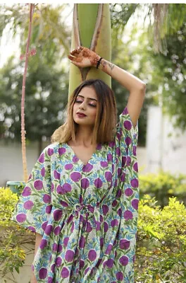 Indian Cotton Kaftan Lounge Wear Long Floral Print Gown Boho Maxi Dress Hippie  • £26.99