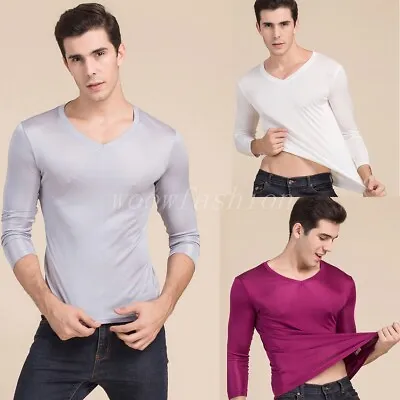 Men Pure Silk Long Sleeve Thermal Undershirt V Neck Lingerie Pajama Tops Tee Top • $18.91