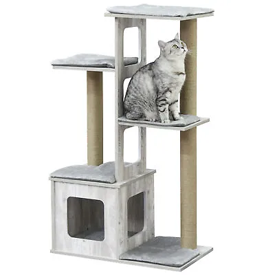 PawHut 114cm Cat Tree Tower Climbing Frame W/ Scratching Posts Cat House Grey • £44.99