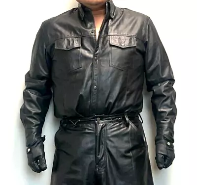 Leather King Levi's Cut Black Leather Biker Shirt Jacket Size M • $89