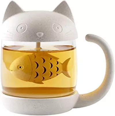 Cute Cat Glass Cup Tea Mug With Fish Tea Infuser Strainer Filter • $16.99