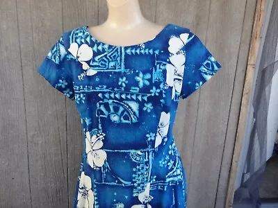  Vtg 60s Ui Maikai Blue White Cotton Hawaiian Hostess Beach Dress Bark Cloth • $139.30