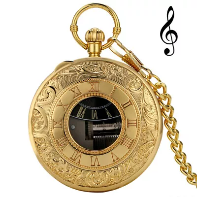 Uncommon Musical Pocket Watch Gold Roman Case Quartz Music Box Watch Unisex Gift • $12.21