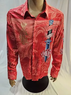 Christian Audigier Dress Shirt Mens Red L True Love Button Long Sleeve Ed Hardy • $59