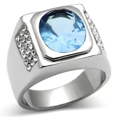 Mens Blue Topaz Ring Silver CZ Pinky Signet Oval Blue Steel Chunky • £19.99