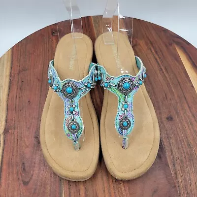 Minnetonka Sandals Women's 9 Blue Snake T-Strap Thong Comfort Wedge Beaded • $29.97