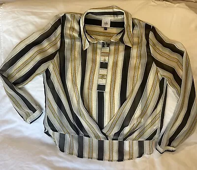 Cabi Caliber Blouse Women's Small Gold Black Stripe Button Down Wrap Front Sheer • $18.87