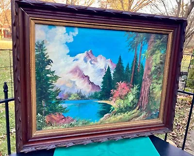 Vtg Antique Carved Wood Frame Rocky Mts Landscape Oil Painting Signed M Harris • $120