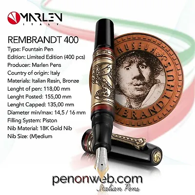 Marlen Rembrandt 400 L.E. 400 Pcs Fountain Pen | 18K Gold Nib  | Resin Bronze • $999