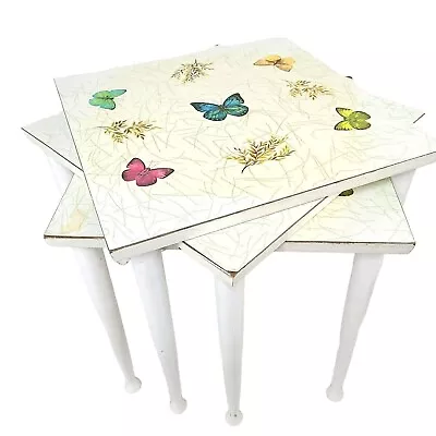Vintage MCM Square Butterfly Formica Stacking Nesting Tables Butterflies Table • $84.60