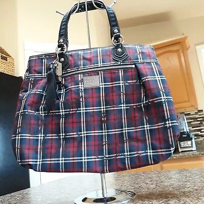 Coach Poppy Tartan Glam Plaid Red Blue Black Large Tote Purse Authentic 18713  • $39