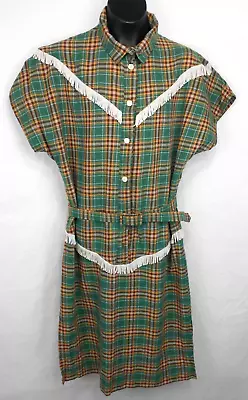 VTG Plaid Country Western Dress Fringes And Belt  Green Yellow White  Size  40 • $29.95