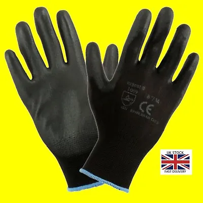 £14.99 • Buy 1,12 Or 24 Pairs  Black Nylon PU Safety Work Gloves Builders Grip Gardening