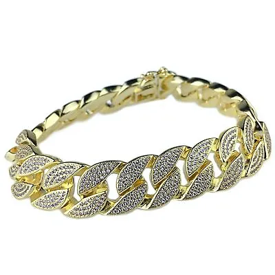 Mens 14K Gold Plated Bracelet Miami Cuban Micro Pave Iced Simulated CZ 8.5  15MM • $19.95