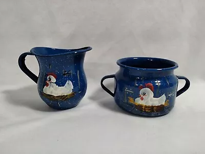 $11.25 • Buy Mexican CINSA Blue Painted Chickens Enamelware SUGAR BOWL & CREAMER Mexico 