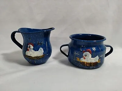 Mexican CINSA Blue Painted Chickens Enamelware SUGAR BOWL & CREAMER Mexico  • $12