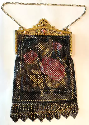 Antique Mandalian Gold Filagree Jeweled Top Dramatic Fuscia Rose Mesh Purse • $363.75
