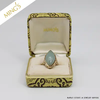 MING'S 7.5g 14KYG PALE GREEN JADE MARQUISE CAB RING SIZE 6.75 WITH BOX • $1200
