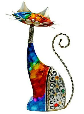 Hand Painted Metal Cat Ornament Julianna Natural World Gems Statue Multicoloured • £29.99