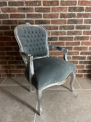 French Louis Style Shabby Chic Chair Grey Velvet With Silver Frame • £134.99