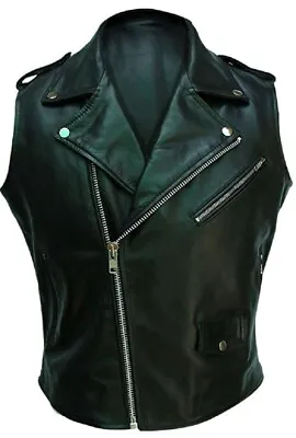 Mens Sleeveless Brando Bikers Style Vest Real Black Leather Waistcoat Jacket • $104.99