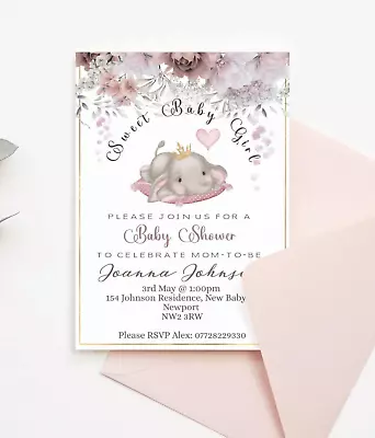 Baby Shower Elephant Invitations Pink Floral Baby Girl Sweet Baby Mum To Be • £5.49