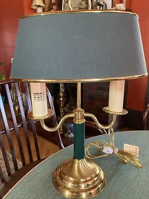 Vintage Beacon House 2 Arm Brass Candelabra Table Lamp With Oval Green Shade • $60