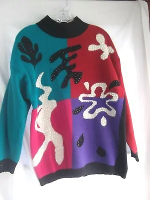 Vtg SK&CO Sweater Sz L Color Block Bead Sequin Turtleneck Lambs Wool Angora MINT • $26.98