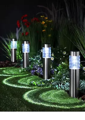 Solar Stake Lights Garden Wave Bollard 4pc Stainless Steel Large Patio Pathway • £22.99