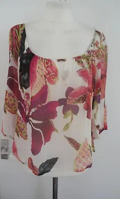 £14.95 • Buy BAZAR CHRISTIAN LACROIX Ivory & Pink Bold Tropical Floral Print Crinkle Silk Top