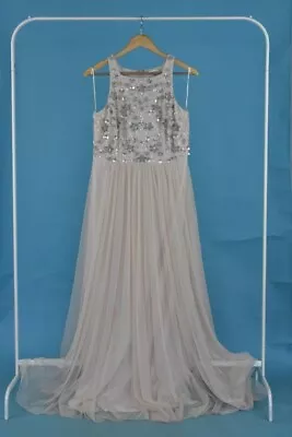 Monsoon Prom/Bridesmaid Sequined Chiffon Dress Size 14 Peach Full Length • £29.99