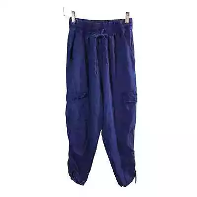 Zara Navy Blue Rustic Ruched Tapered Leg Linen Blend Cargo Pants Basic Women's S • $7.99