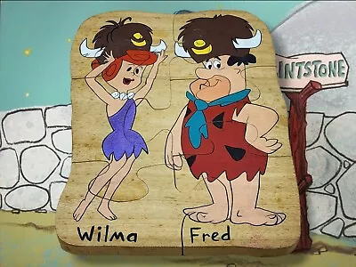 Vintage 1970's Fred & Wilma Flintstone Handmade 6pc Wood Puzzle Yabba Dabba Doo! • $35