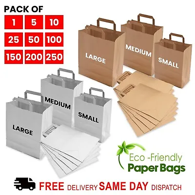 Paper Kraft Bags With Flat Handles Brown White Takeaway Food Grocery Carrier Bag • £6.98